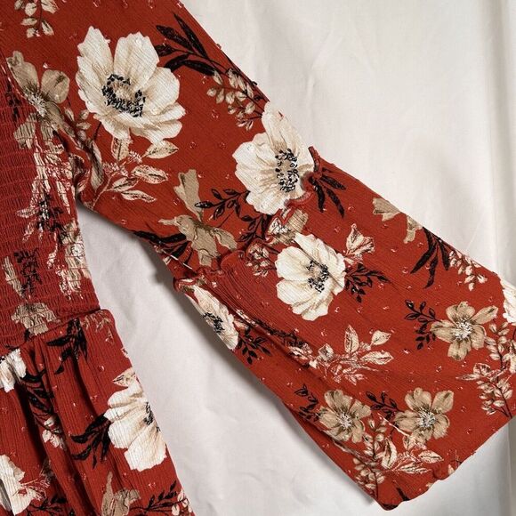 Torrid Blouse Women's 1 1X Brown Floral Bell Long Sleeve Round Neck Rayon - Picture 5 of 9